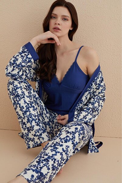 Mihra SS24 30201-08 Kadın / Marla Sabahlıklı Altı Uzun Takım / Saks Mavi