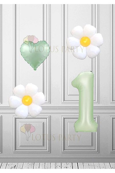 LOTUS PARTY Μπαλόνι με φύλλο μαργαρίτα με νερό πράσινο αριθμό 1 έτους - Προμήθειες γενεθλίων και πάρτι