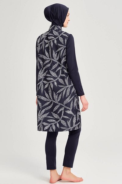 Nehar Patterned Navy Blue Jelly 3 Piece Hijab Swimsuit Set 2252