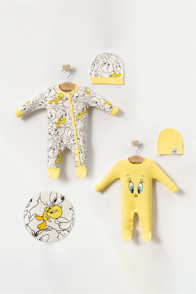 MODAMBEBEK 3-6 Months Yellow Chick Tweety Patterned 2-Piece Baby Rompers Set