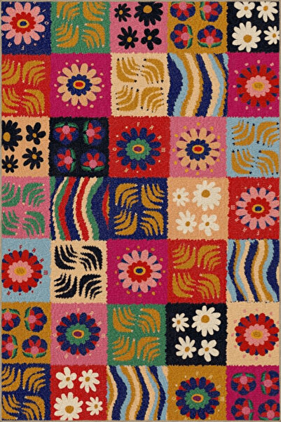 Rugs Modern Halı Çok Renkli Karma Motifli Etnik Figür Desenli Vintage Dekorat...