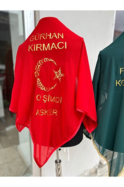 TAN EVENT İsimli Kırmızı O Şimdi Asker Şalı Örtüsü, Lüks Şifon,Baskılı Asker Omuz Örtüsü