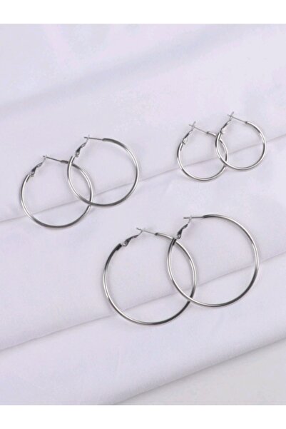 Shisa Jewel 3'lü paslanmaz çelik halka küpe seti 30/40/50 mm Gümüş, alerji yapmaz (72)