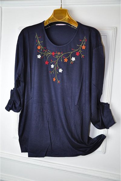 elma abone Plus Size Combed Cotton Embroidered Blouse
