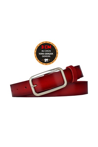 GoDeri 100% Genuine Leather, Silver Buckle Red 3 cm Women's Belt, Trouser Belt, Shorts Belt 3cmkdn50