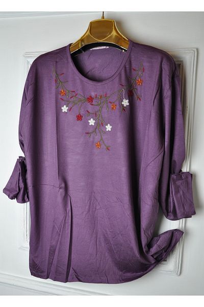 elma abone Plus Size Combed Cotton Embroidered Blouse