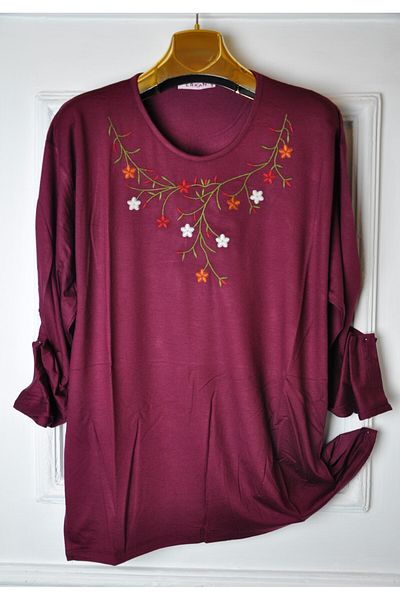 elma abone Plus Size Combed Cotton Embroidered Blouse