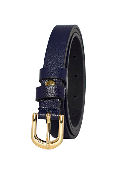 GoDeri %100 Hakiki Deri, Gold Renk Tokalı İnce 2 cm Lacivert Kadın Kemeri; Elbise, Pantolon Kemeri_düz