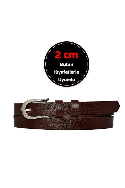 GoDeri 100% Genuine Leather, Silver Buckle Thin 2 cm Dark Brown Women's Belt; Dress, Pants Belt_atnl