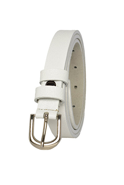 GoDeri %100 Hakiki Deri, Gümüş Tokalı İnce 2 cm Süt Beyaz Kadın Kemeri; Elbise Kemeri, Pantolon Kemeri_düz
