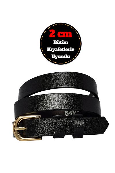 GoDeri Black Genuine Leather - 2 cm Thin Buckle Women's Belt; Dress and Pants Belt