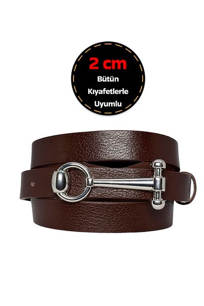 GoDeri 100% Genuine Leather, Silver Buckle Thin 2 cm Dark Brown Women's Belt; Dress, Pants Belt_anht