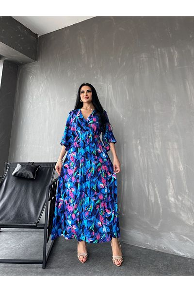 kamacibutik Rochie de vară cu guler dublu, mânecă liliac, țesătură de viscoză, cu fantă cu imprimeu floral