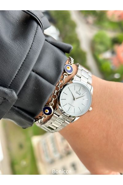 Q&Q Waterproof Silver Color Steel Cord Women's Wristwatch and Bracelet Set