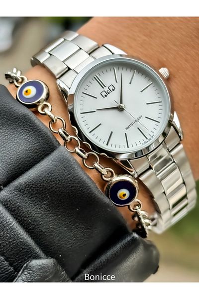 Q&Q Waterproof Silver Color Steel Cord Women's Wristwatch and Bracelet Set