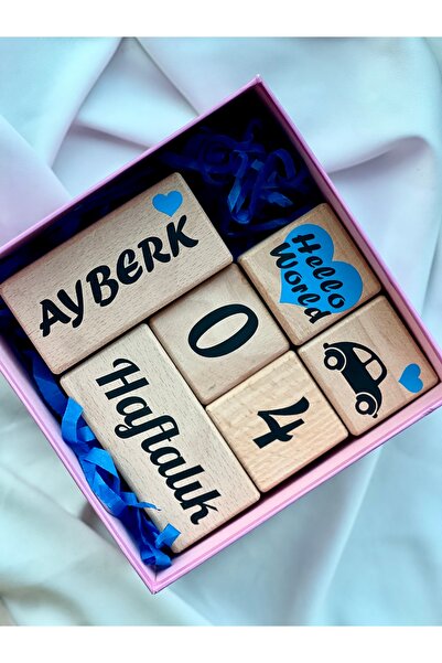 mogokids Mavi kalpli siyah yazılı anne bebek anı küpü seti bebek hediyelik çe...