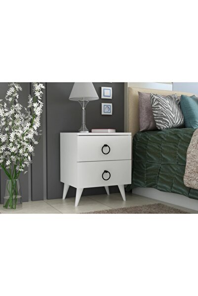Evistro Komidin 2 Çekmeceli Beyaz Siyah Kulplu Konik Ayaklı Kurulu