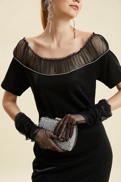 VERDA Tulle Collar Stone Detailed Plus Size Black Evening Dress