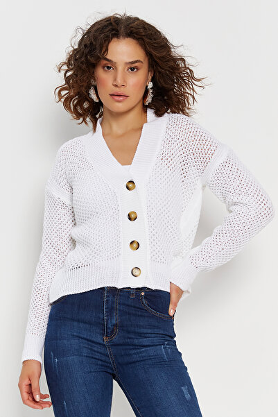 Hopoi Women's Ecru Mesh Openwork Cardigan Hop85009