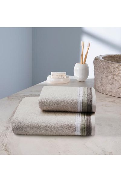 erteks TOWEL SET BATHROOM AND HAND FACE TOWEL BEIGE COLOR BORDURY PATTERNED 1stQUALITY COTTON