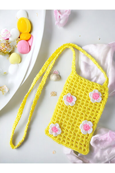Talai Knitting Örgü Papatyalı  Telefon Çantası Çapraz Çanta Sarı