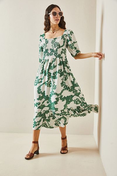 XHAN Grünes gemustertes Strickkleid mit Rüschen, Gipe-Detailrock 5YXK6-48509-08