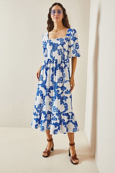 XHAN Blaues gemustertes Gipe-Detailrock-Rüschen-Strickkleid 5YXK6-48509-12