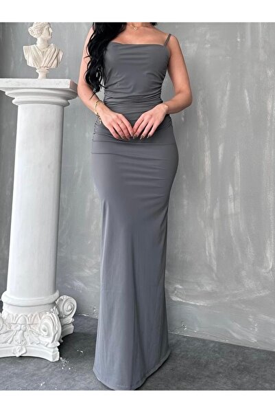 elegante moda SIRT DEKOLTELİ BÜZGÜ DETAY ELBİSE