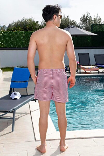 Mayom Erkek Basic İnce Çizgili Baskılı Cepli Pembe Deniz Şortu