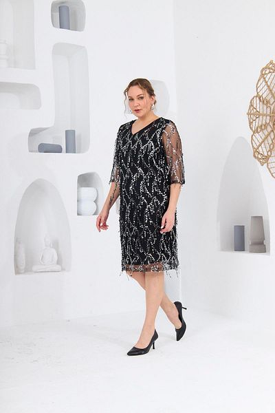 RMG V-Neck Black Chiffon Plus Size Evening Dress with Sequin Detail