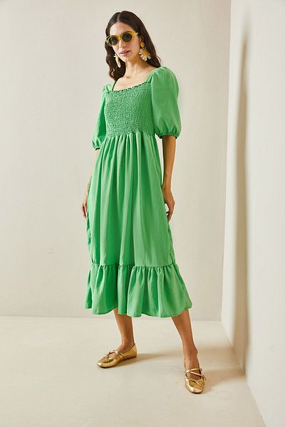 XHAN Green Square Collar Guiped Midi Dress 5YXK6-48481-08