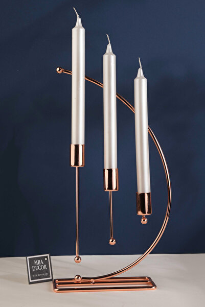mba decor metal bending art Nota Model Metal 3 Lü Şamdan Üçlü Mumluk Dekoratif Mumluk 25cm Parlak Bronz Kaplama Ev Dekorasyon
