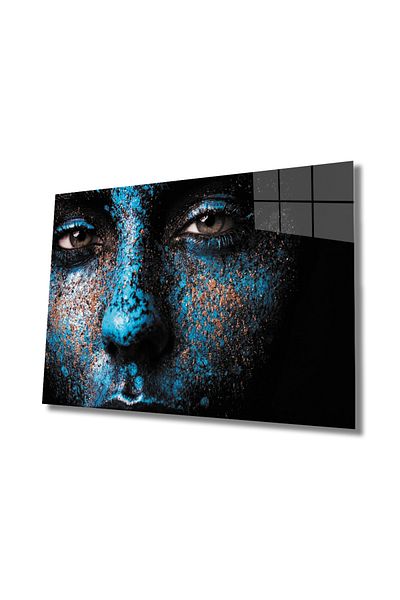 Rosyvien Tablou din sticlă portret de femeie pictat în albastru, detaliu cu gene, decor de perete cadou pentru birou, sticlă temperată