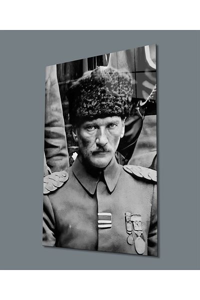 Rosyvien Mustafa Kemal Atatürk Portrait Glass Painting, Black and White, Home Office School Gift Wall Decor