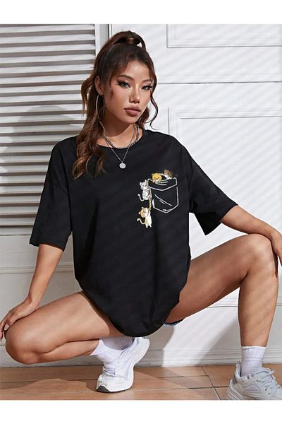 Revasser Tricou din bumbac supradimensionat, din bumbac, cu decolteu, pieptănat, cu imprimeu personalizat, CAT, mărime mare
