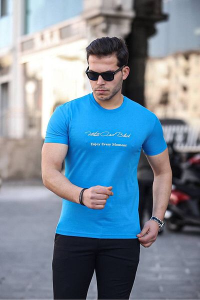 Tex Republic Tricou albastru pentru bărbați, slim fit, cu gât crew