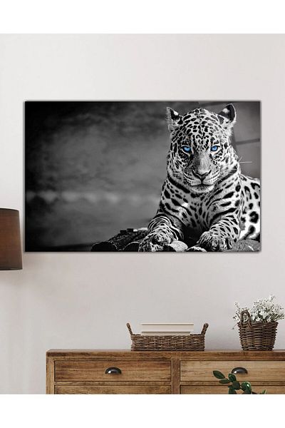 Rosyvien Portrait of a Blue Eyed Jaguar in the Wild Nature Glass Painting, Home Office Wall Decor, Gift, Tempered Glass