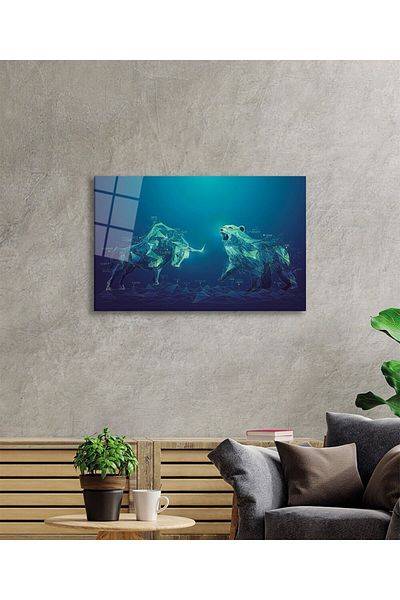 Rosyvien Pictură din sticlă Bear and Bull Market, Investiții în afaceri pe bursă, Decor de perete pentru casă și birou, Cadou, Sticlă călită