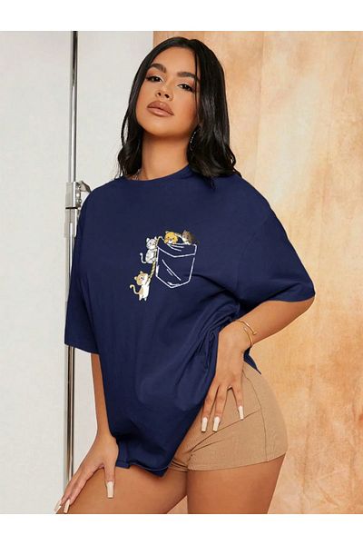 Revasser Dámská velká velikost CAT Barevné zakázkové oversize oversize bavlněné tričko s výstřihem česané bavlněné tričko