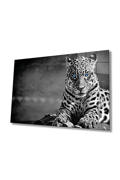 Rosyvien Portrait of a Blue Eyed Jaguar in the Wild Nature Glass Painting, Home Office Wall Decor, Gift, Tempered Glass