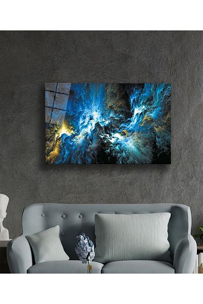 Rosyvien Pictură abstractă din sticlă Blue Chaos, modernă și elegantă, decor de perete pentru casă și birou, cadou, sticlă temperată rezistentă la spargere