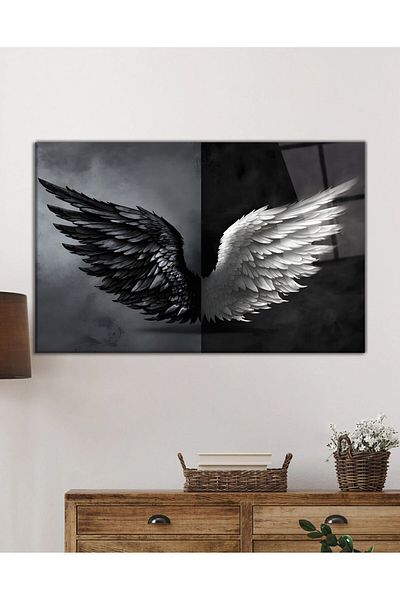 Rosyvien Black and White Feathered Wings Glass Painting, Abstract Nature, Home and Office Wall Decor, Gift, Tempered Glass