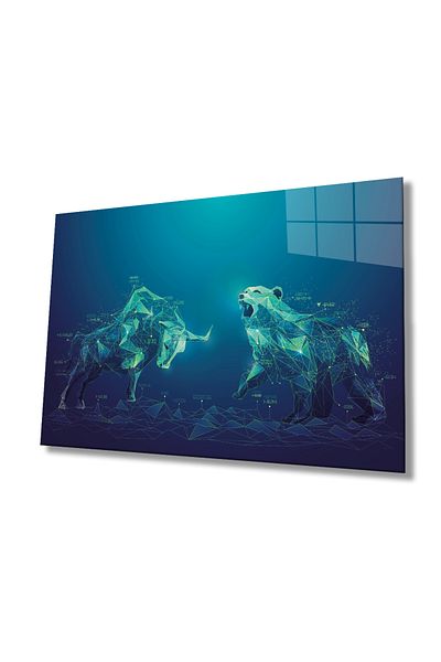 Rosyvien Pictură din sticlă Bear and Bull Market, Investiții în afaceri pe bursă, Decor de perete pentru casă și birou, Cadou, Sticlă călită