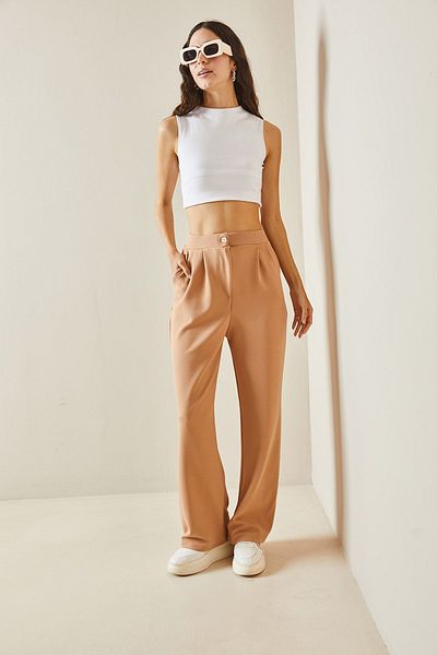 XHAN Camel Pleat Detailed Palazzo Trousers 5YXK5-48496-53