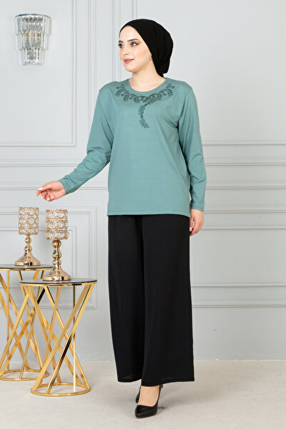 FATELLA Дамска блуза с дълъг ръкав, зелена, с еластична предна част и шарки