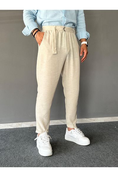 THEMANN Beige Relax Fit Linen Jogger with Belted Waistband