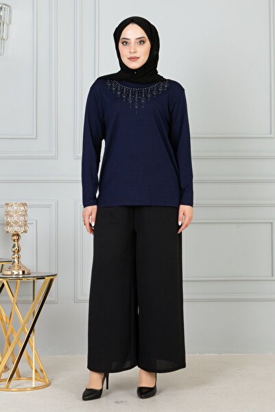 FATELLA بلوزة نسائية من الأم باللون الأزرق الداكن بأكمام طويلة من الليكرا منق...