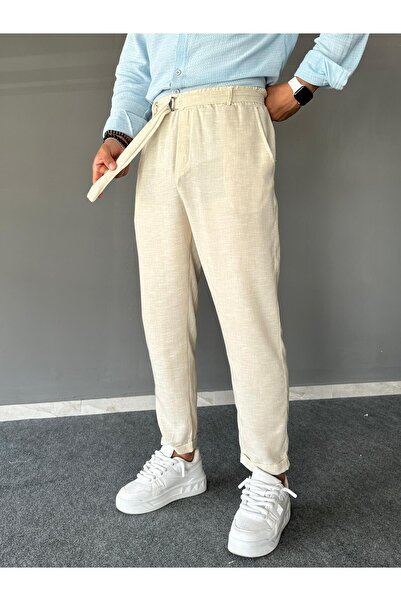 THEMANN Beige Relax Fit Linen Jogger with Belted Waistband