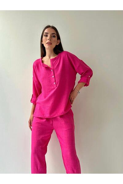 SEDA FİDAN Belis Önü Düğmeli Keten Ikili Takım Pembe