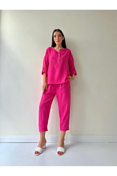 SEDA FİDAN Belis Önü Düğmeli Keten Ikili Takım Pembe
